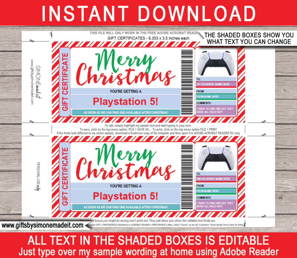 Printable Christmas Playstation 5 Gift Certificate Template | Gift Voucher | New Video Game Console Present | INSTANT DOWNLOAD via giftsbysimonemadeit.com