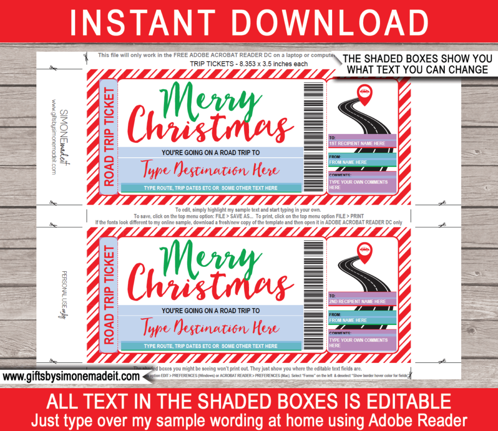 Christmas Surprise Road Trip Reveal Template | Printable Gift Tickets | Xmas Gift Idea | Fake Ticket | Christmas Present | Driving Holiday | INSTANT DOWNLOAD via giftsbysimonemadeit.com