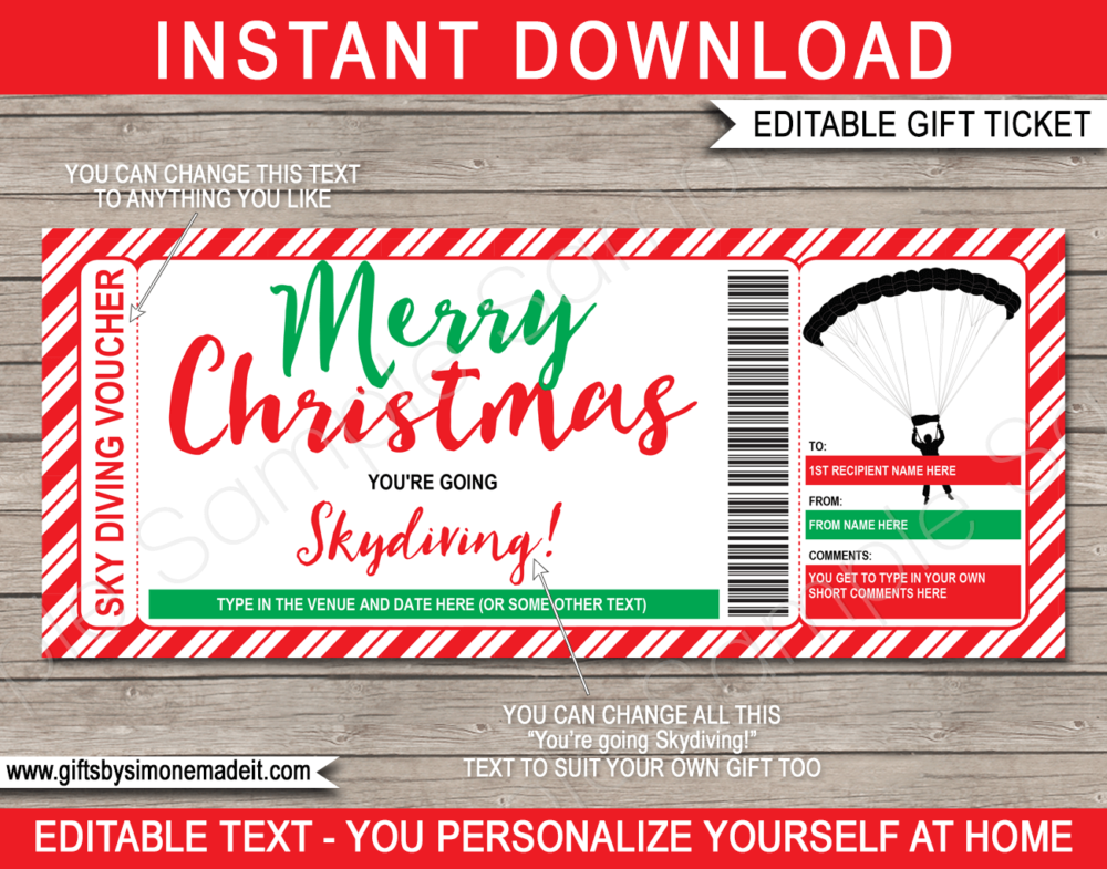 Christmas Skydiving Gift Voucher Template | Printable Gift Certificate | DIY Editable Sky Diving Ticket | INSTANT DOWNLOAD via giftsbysimonemadeit.com