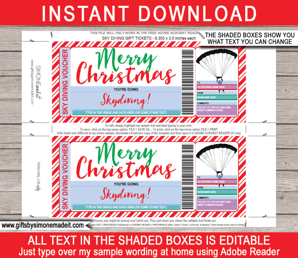 Christmas Skydiving Gift Voucher Template | Printable Gift Certificate | DIY Editable Sky Diving Ticket | INSTANT DOWNLOAD via giftsbysimonemadeit.com
