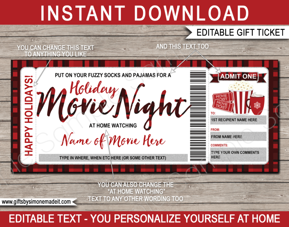 Holiday Family Movie Night Ticket | DIY Printable Gift Certificate Voucher with Editable Text | Fuzzy Socks and Pajamas | Popcorn & Hot Cocoa | Gift Idea | INSTANT DOWNLOAD via giftsbysimonemadeit.com
