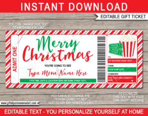 Christmas Movie Ticket Gift Card Template | DIY Printable Gift Voucher Certificate with Editable Text | Family Night In | Gift Idea | INSTANT DOWNLOAD via giftsbysimonemadeit.com