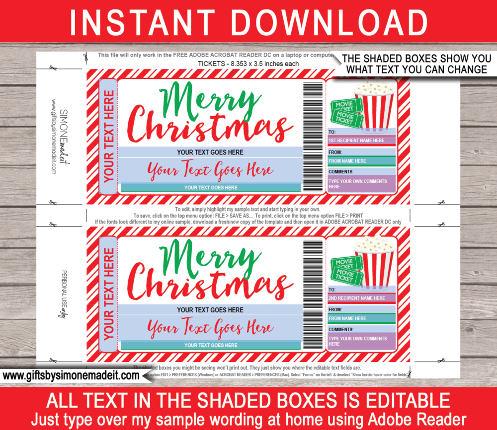 Christmas Movie Night Ticket Template | DIY Printable Gift Certificate Voucher with Editable Text | Family Night In | Gift Idea | INSTANT DOWNLOAD via giftsbysimonemadeit.com