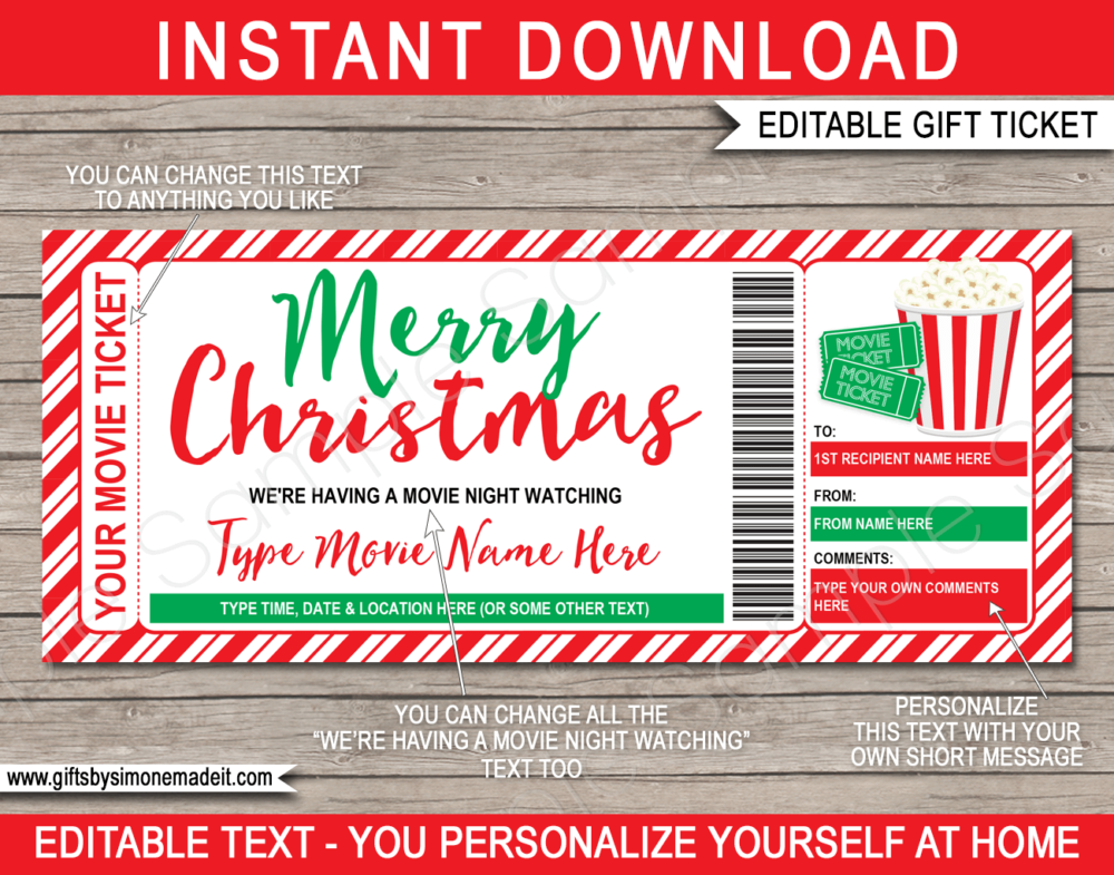 Christmas Movie Night Ticket Template | DIY Printable Gift Certificate Voucher with Editable Text | Family Night In | Gift Idea | INSTANT DOWNLOAD via giftsbysimonemadeit.com