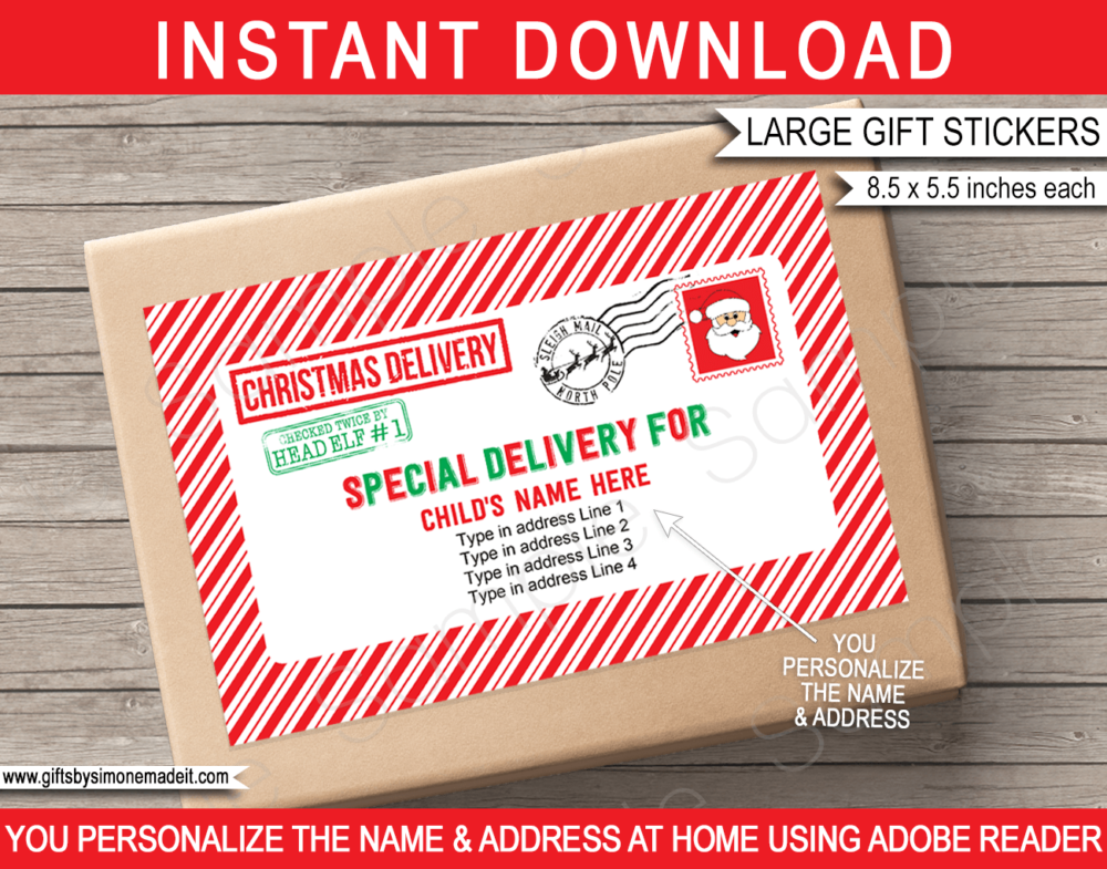 Sleigh Mail Gift Stickers Template | Christmas Labels from the North Pole | Printable from Santa Claus | Postage Stamp & Postmark North Pole Post Office | Santa's Workshop | DIY Custom Editable Text | INSTANT DOWNLOAD via giftsbysimonemadeit.com