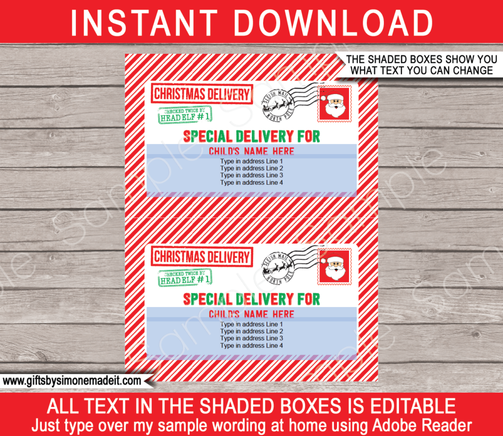 Sleigh Mail Gift Stickers Template | Christmas Labels from the North Pole | Printable from Santa Claus | Postage Stamp & Postmark North Pole Post Office | Santa's Workshop | DIY Custom Editable Text | INSTANT DOWNLOAD via giftsbysimonemadeit.com