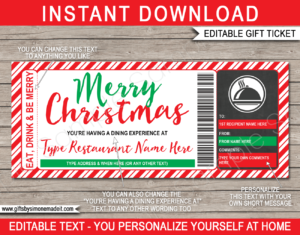 Christmas Dinner Gift Certificate template | Dining Out, Dinner Restaurant Voucher | Meal Delivery Card | DIY Printable with Editable Text | INSTANT DOWNLOAD via giftsbysimonemadeit.com