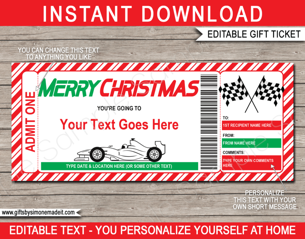 Christmas Formula 1 Ticket template | Grand Prix | Indy 500 | Car Race | Car Driving Experience | Go Karting | DIY Printable with Editable Text | INSTANT DOWNLOAD via giftsbysimonemadeit.com