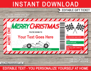 Christmas Formula 1 Ticket template | Grand Prix | Indy 500 | Car Race | Car Driving Experience | Go Karting | DIY Printable with Editable Text | INSTANT DOWNLOAD via giftsbysimonemadeit.com