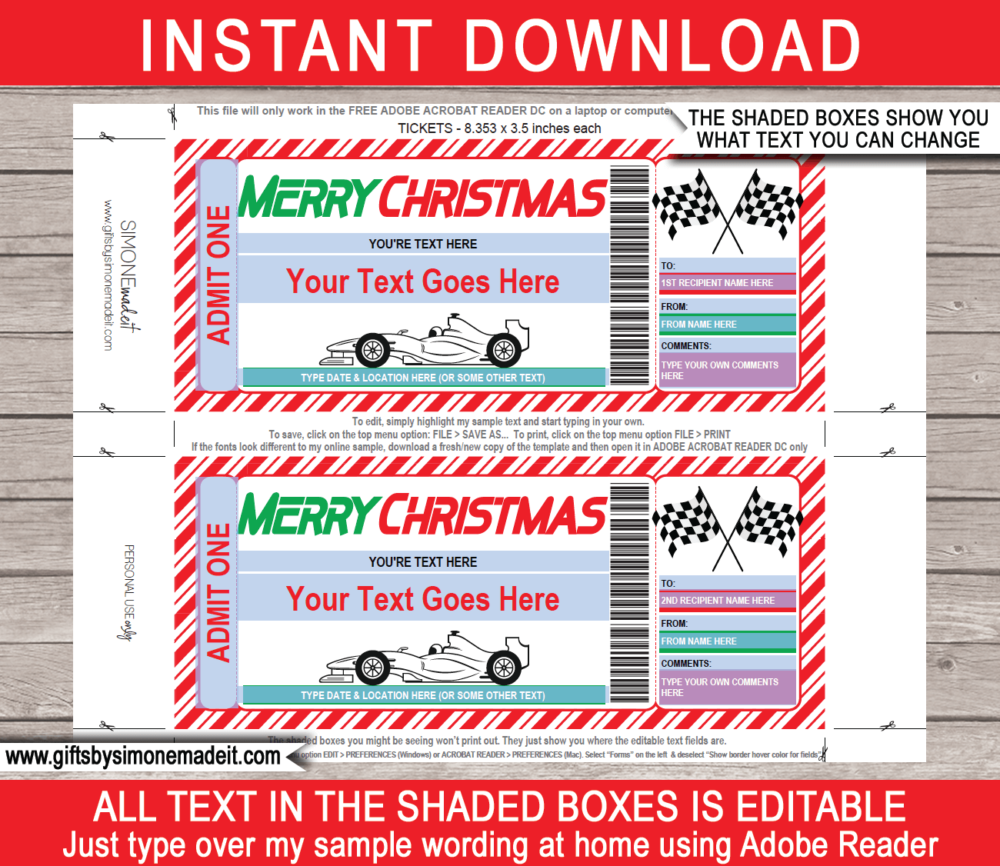 Christmas Formula 1 Ticket template | Grand Prix | Indy 500 | Car Race | Car Driving Experience | Go Karting | DIY Printable with Editable Text | INSTANT DOWNLOAD via giftsbysimonemadeit.com