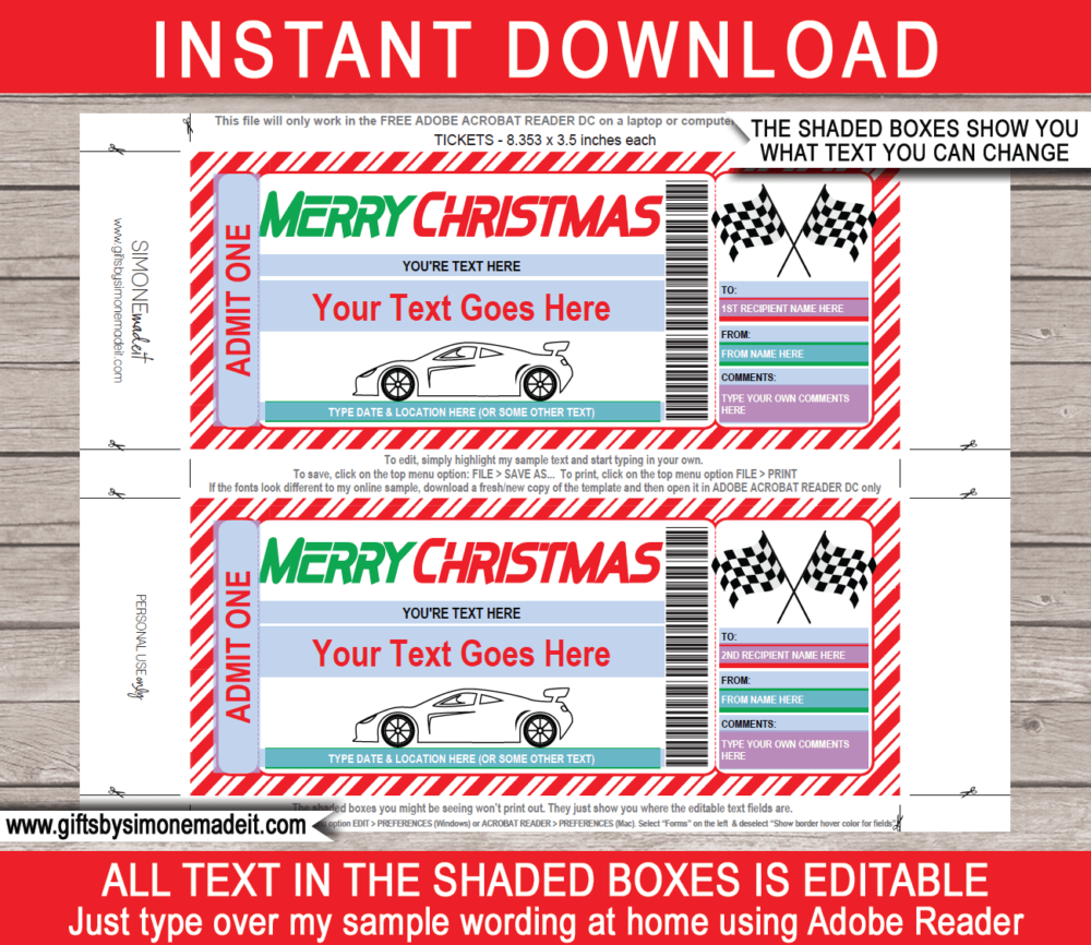 Christmas NASCAR Ticket template | Printable Stock Car Rally Car Race Gift Voucher Certificate with Editable Text | Speedway | Motorsports | Drive a race car experience | INSTANT DOWNLOAD via giftsbysimonemadeit.com