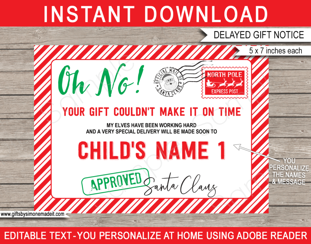 Late Gift from Santa Notice Template | Delayed Christmas Gift Tag for Kids from the North Pole | Gift Certificate | Your Gift is on it's Way Card | INSTANT DOWNLOAD via giftsbysimonemadeit.com