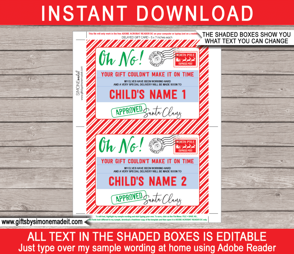 Late Gift from Santa Notice Template | Delayed Christmas Gift Tag for Kids from the North Pole | Gift Certificate | Your Gift is on it's Way Card | INSTANT DOWNLOAD via giftsbysimonemadeit.com