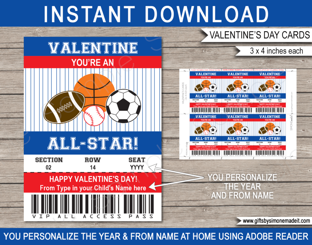 Valentines All Star Sports Class Gift Card Template | School Kids VIP Pass Gift Tag | You're an All-Star | Valentine's Day Classmate | DIY Printable with Editable Text | INSTANT DOWNLOAD via giftsbysimonemadeit.com