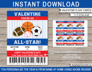 Valentines All Star Sports Class Gift Card Template | School Kids VIP Pass Gift Tag | You're an All-Star | Valentine's Day Classmate | DIY Printable with Editable Text | INSTANT DOWNLOAD via giftsbysimonemadeit.com