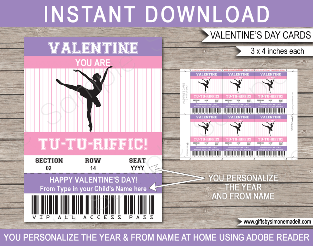 Valentines Ballerina Class Gift Card Template | School Kids Ballet VIP Pass Gift Tag I You're Tu-tu-riffic | Valentine's Day Classmate | DIY Printable with Editable Text | INSTANT DOWNLOAD via giftsbysimonemadeit.com