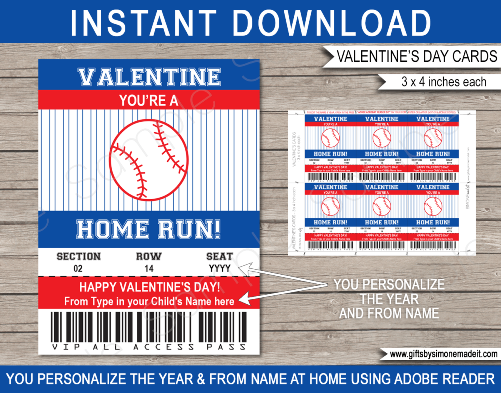 Valentines Baseball Class Gift Card Template | School Kids VIP Pass Gift Tag | I You're a Home Run | Valentine's Day Classmate | DIY Printable with Editable Text | INSTANT DOWNLOAD via giftsbysimonemadeit.com