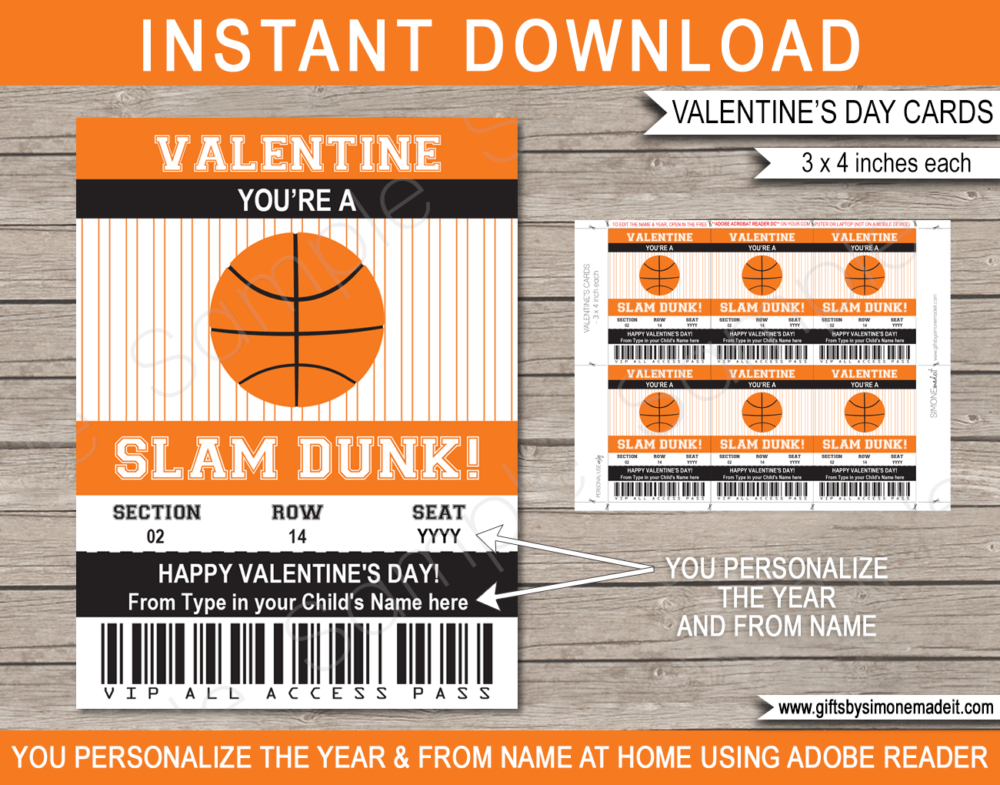 Valentines Basketball Class Gift Card Template | School Kids VIP Pass Gift Tag | I You're a Slam Dunk | Valentine's Day Classmate | DIY Printable with Editable Text | INSTANT DOWNLOAD via giftsbysimonemadeit.com