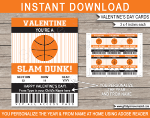 Valentines Basketball Class Gift Card Template | School Kids VIP Pass Gift Tag | I You're a Slam Dunk | Valentine's Day Classmate | DIY Printable with Editable Text | INSTANT DOWNLOAD via giftsbysimonemadeit.com