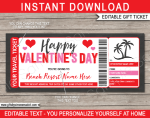 Valentines Beach Vacation Travel Ticket Template | Surprise Holiday Trip | Tropical Getaway Reveal Idea | DIY Printable with Editable Text | INSTANT DOWNLOAD via giftsbysimonemadeit.com