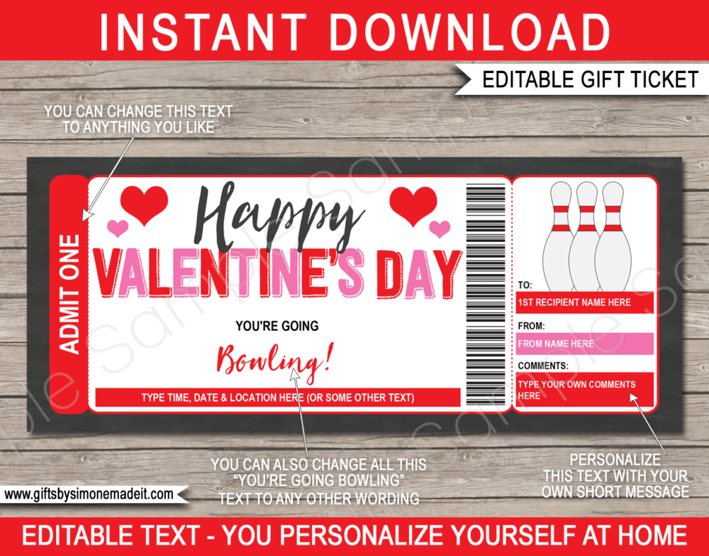 Valentines Day Bowling Ticket Template | Printable Tenpin Bowling Gift Voucher Certificate with Editable Text | INSTANT DOWNLOAD via giftsbysimonemadeit.com