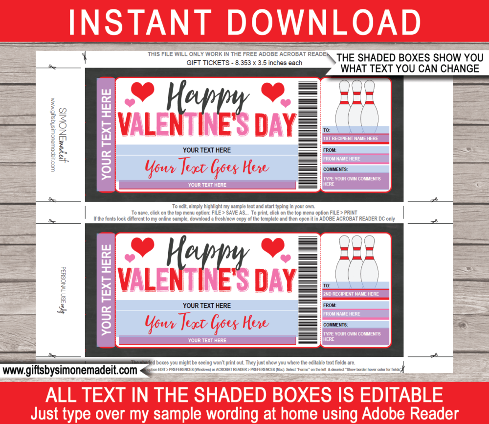 Valentines Day Bowling Ticket Template | Printable Tenpin Bowling Gift Voucher Certificate with Editable Text | INSTANT DOWNLOAD via giftsbysimonemadeit.com