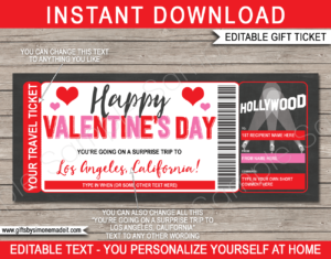 Valentines California Trip Travel Ticket Template | Surprise Hollywood LA Getaway, Vacation, Holiday | Los Angeles, Surprise Gift Reveal Idea | DIY Printable with Editable Text | INSTANT DOWNLOAD via giftsbysimonemadeit.com