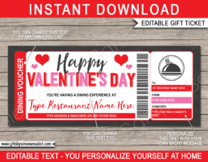 Valentines Day Dinner Gift Voucher template | Restaurant Meal Certificate | Dining Out Restaurant Gift Card | Meal Delivery Service Card | DIY Printable with Editable Text | INSTANT DOWNLOAD via giftsbysimonemadeit.com
