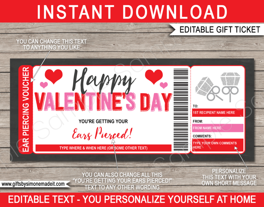 Valentines Day Ear Piercing Gift Certificate Template | Gift Card Voucher Ticket | Gift Idea for Tween or Teenage Daughter | DIY with Editable Text | INSTANT DOWNLOAD via giftsbysimonemadeit.com