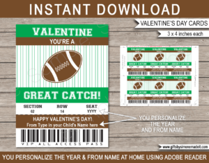 Valentines Football Class Gift Card Template | School Kids VIP Pass Gift Tag | You're a Great Catch | Valentine's Day Classmate | DIY Printable with Editable Text | INSTANT DOWNLOAD via giftsbysimonemadeit.com