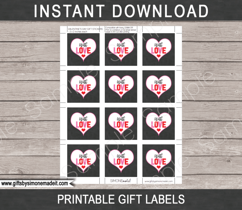 Valentines Gift Labels Template | Printable Valentine's Day Gift Tags With Love | INSTANT DOWNLOAD via giftsbysimonemadeit.com