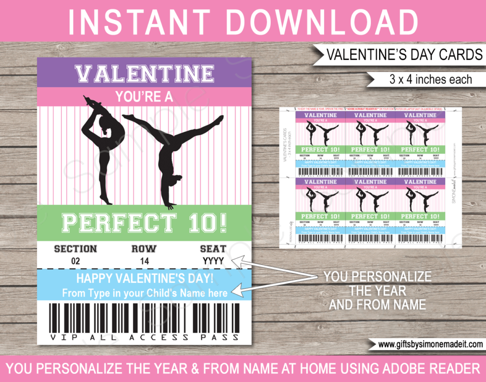 Valentines Gymnastics Class Gift Card Template | School Kids VIP Pass Gift Tag I You're a Perfect 10 | Valentine's Day Classmate | DIY Printable with Editable Text | INSTANT DOWNLOAD via giftsbysimonemadeit.com