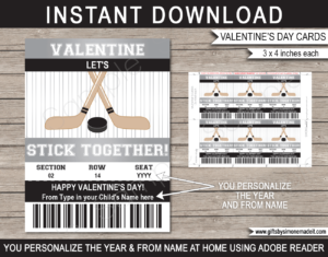 Valentines Hockey Class Gift Card Template | School Kids VIP Pass Gift Tag | I Let's Stick Together | Valentine's Day Classmate | DIY Printable with Editable Text | INSTANT DOWNLOAD via giftsbysimonemadeit.com