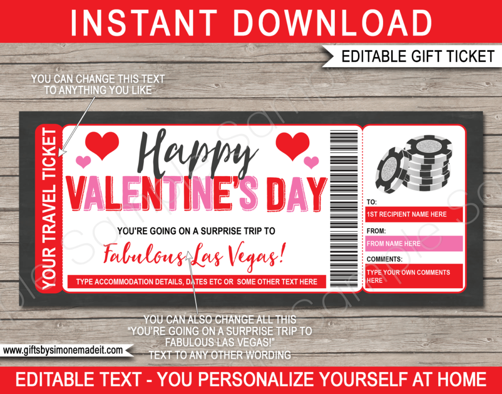 Valentines Las Vegas Trip Travel Ticket Template | Casino Vacation Getaway, Vacation or Holiday | Surprise Gift Reveal Idea | Poker Chips | DIY Printable with Editable Text | INSTANT DOWNLOAD via giftsbysimonemadeit.com