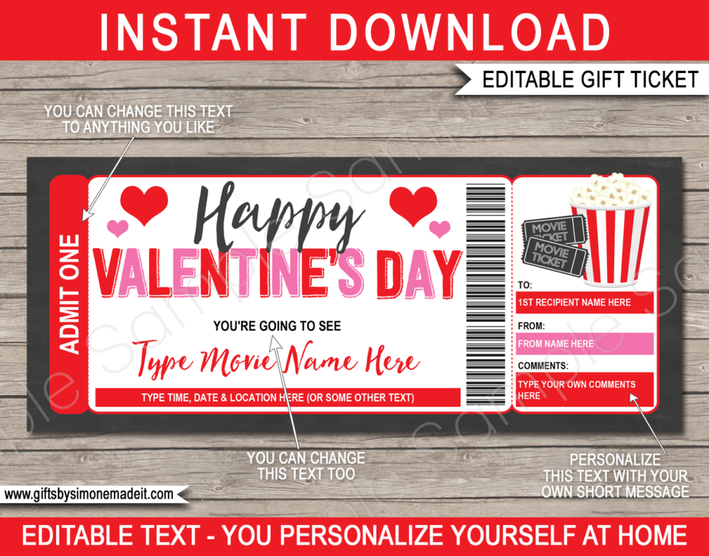 Valentines Day Movie Ticket Template | Printable Family Movie Night Gift Voucher Card Certificate with Editable Text | Gift Idea | INSTANT DOWNLOAD via giftsbysimonemadeit.com