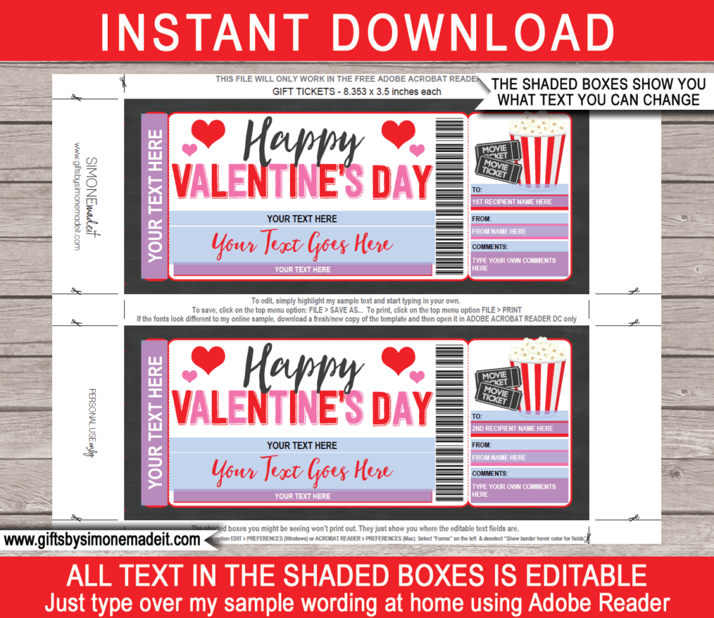Valentines Day Movie Ticket Template | Printable Family Movie Night Gift Voucher Card Certificate with Editable Text | Gift Idea | INSTANT DOWNLOAD via giftsbysimonemadeit.com