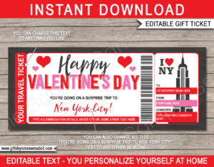 Valentines New York Travel Ticket Template | Surprise NYC Trip, Getaway, Vacation, Holiday | Surprise Gift Reveal Idea | DIY Printable with Editable Text | INSTANT DOWNLOAD via giftsbysimonemadeit.com