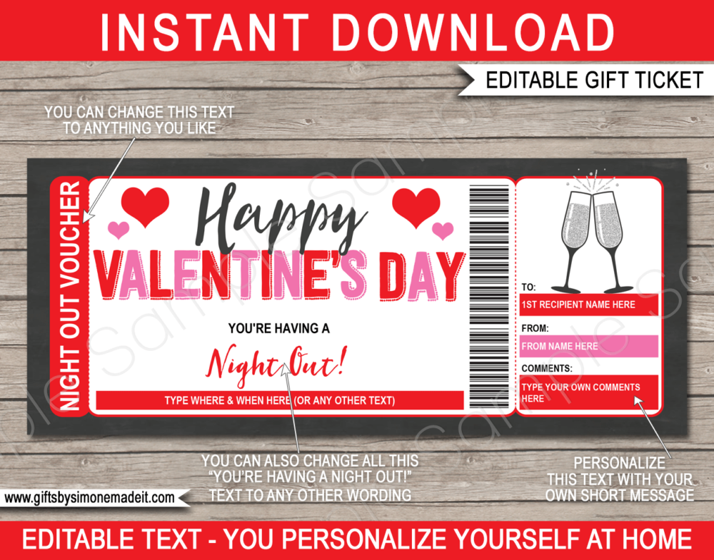 Valentines Day Night Out Gift Certificate Template | Girls Champagne Brunch Lunch | Printable DIY Gift Voucher Ticket with Editable Text | INSTANT DOWNLOAD via gifsbysimonemadeit.com