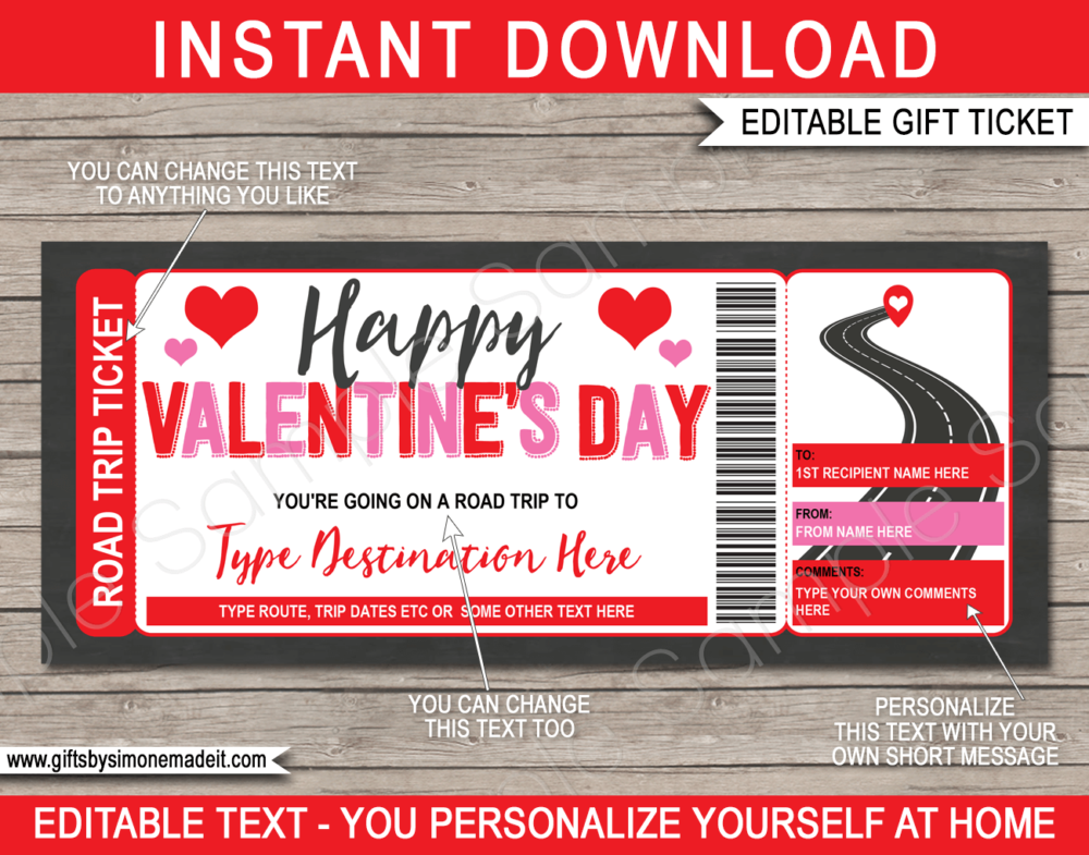 Surprise Valentines Road Trip Reveal Ticket Template | Printable Vacation Gift Tickets | Gift Idea | Fake Ticket | Driving Holiday | Car RV Motorbike | INSTANT DOWNLOAD via giftsbysimonemadeit.com