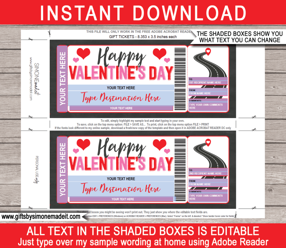 Surprise Valentines Road Trip Reveal Ticket Template | Printable Vacation Gift Tickets | Gift Idea | Fake Ticket | Driving Holiday | Car RV Motorbike | INSTANT DOWNLOAD via giftsbysimonemadeit.com