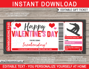 Valentines Day Snowboarding Trip Ticket | Skiing Gift Voucher Certificate | Ski Pass | DIY Printable with Editable Text | INSTANT DOWNLOAD via giftsbysimonemadeit.com