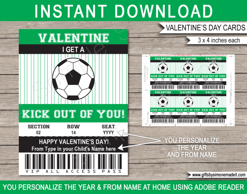 Valentines Soccer Class Gift Card Template | School Kids VIP Pass Gift Tag | I Get a Kick Out of You | Valentine's Day Classmate | DIY Printable with Editable Text | INSTANT DOWNLOAD via giftsbysimonemadeit.com