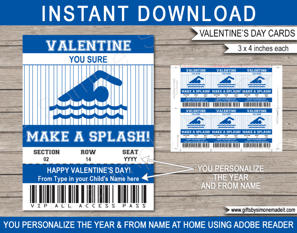Valentines Swimming Class Gift Card Template | School Kids VIP Pass Gift Tag | You Sure Make a Splash | Valentine's Day Classmate | DIY Printable with Editable Text | INSTANT DOWNLOAD via giftsbysimonemadeit.com