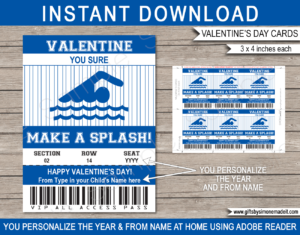 Valentines Swimming Class Gift Card Template | School Kids VIP Pass Gift Tag | You Sure Make a Splash | Valentine's Day Classmate | DIY Printable with Editable Text | INSTANT DOWNLOAD via giftsbysimonemadeit.com