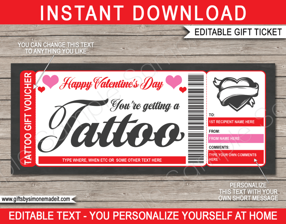 Valentines Day Tattoo Gift Certificate Template | DIY Printable Gift Voucher Ticket Card | Happy Valentines Day | Get Inked | Heart Design | Editable Text, | INSTANT DOWNLOAD via giftsbysimonemadeit.com