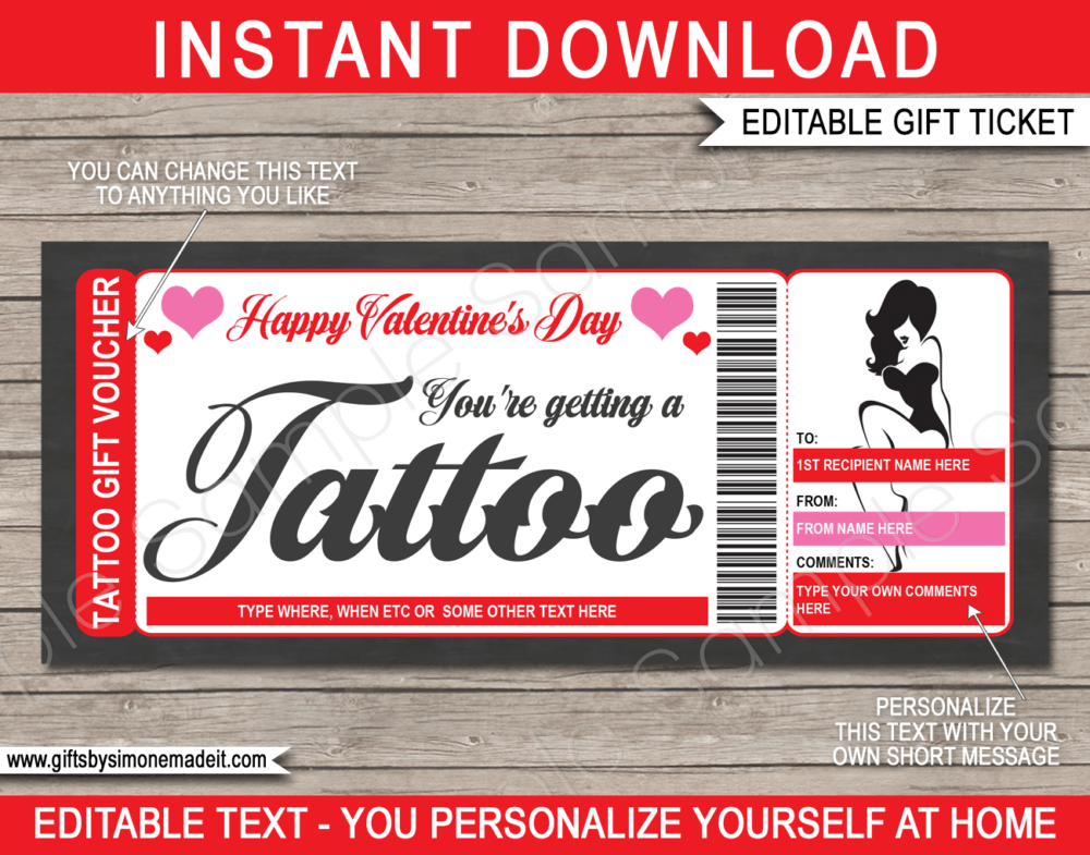 Valentines Day Tattoo Gift Ticket Template | DIY Printable Gift Certificate Voucher Card | Happy Valentines Day | Get Inked | Girl Pinup Design | Editable Text, | INSTANT DOWNLOAD via giftsbysimonemadeit.com