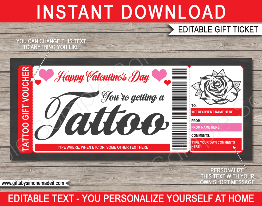 Valentines Day Tattoo Gift Card Template | DIY Printable Gift Voucher Ticket Certificate | Happy Valentines Day | Get Inked | Flower Design | Editable Text, | INSTANT DOWNLOAD via giftsbysimonemadeit.com