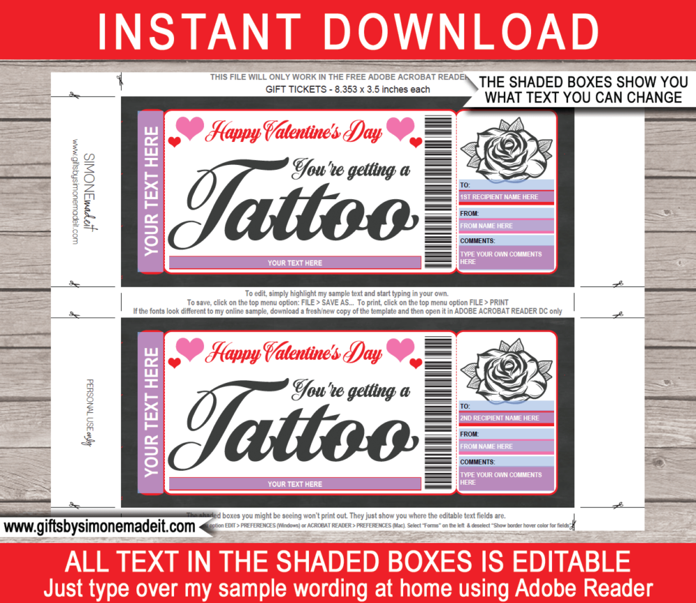 Valentines Day Tattoo Gift Card Template | DIY Printable Gift Voucher Ticket Certificate | Happy Valentines Day | Get Inked | Flower Design | Editable Text, | INSTANT DOWNLOAD via giftsbysimonemadeit.com