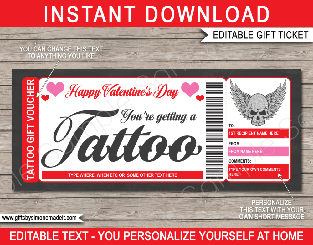 Valentines Day Tattoo Gift Voucher Template | DIY Printable Gift Certificate Ticket Card | Happy Valentines Day | Get Inked | Skull Design | Editable Text, | INSTANT DOWNLOAD via giftsbysimonemadeit.com