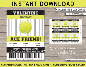 Valentines Tennis Class Gift Card Template | School Kids VIP Pass Gift Tag | You're an Ace Friend | Valentine's Day Classmate | DIY Printable with Editable Text | INSTANT DOWNLOAD via giftsbysimonemadeit.com